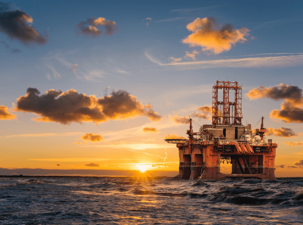 Offshore oil rig at sunset